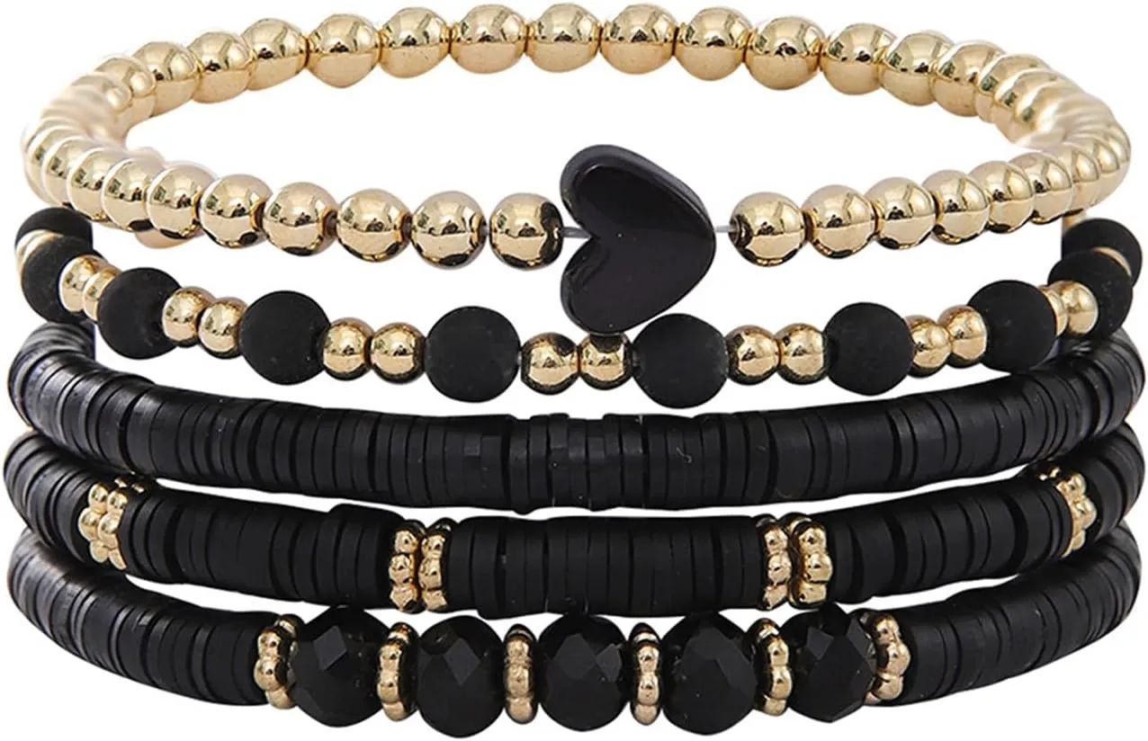 Bohemia Multilayer Heart Clay Stackable Bracelets Set Colorful Surfer Heishi Clay Gold Beaded Stretch Bracelets for Women Men Summer Beach Boho Vacation Jewelry Gifts