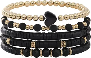Bohemia Multilayer Heart Clay Stackable Bracelets Set Colorful Surfer Heishi Clay Gold Beaded Stretch Bracelets for Women Men Summer Beach Boho Vacation Jewelry Gifts