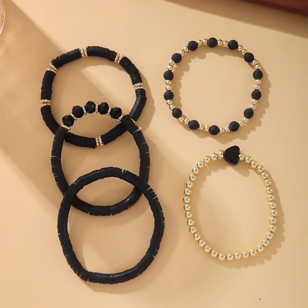 Bohemia Multilayer Heart Clay Stackable Bracelets Set Colorful Surfer Heishi Clay Gold Beaded Stretch Bracelets for Women Men Summer Beach Boho Vacation Jewelry Gifts