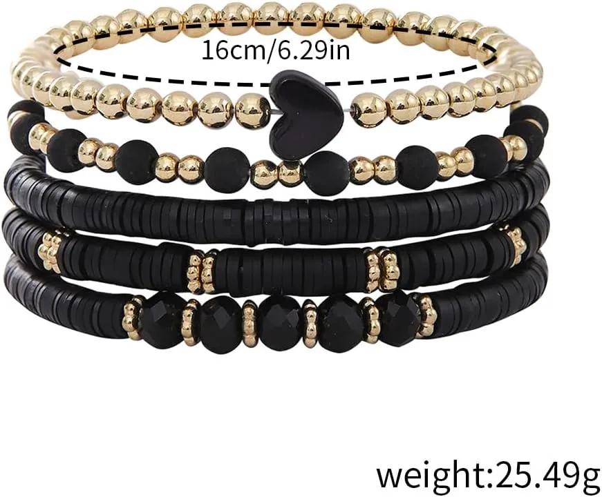Bohemia Multilayer Heart Clay Stackable Bracelets Set Colorful Surfer Heishi Clay Gold Beaded Stretch Bracelets for Women Men Summer Beach Boho Vacation Jewelry Gifts