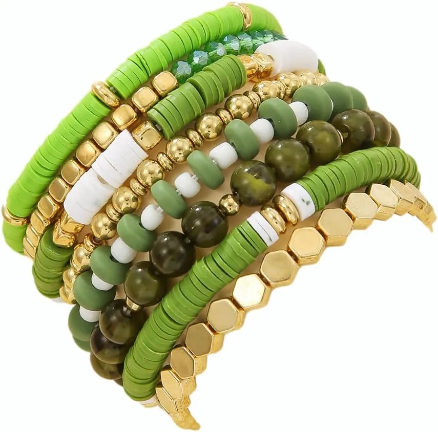 Bohemia Multilayer Heart Clay Stackable Bracelets Set Colorful Surfer Heishi Clay Gold Beaded Stretch Bracelets for Women Men Summer Beach Boho Vacation Jewelry Gifts