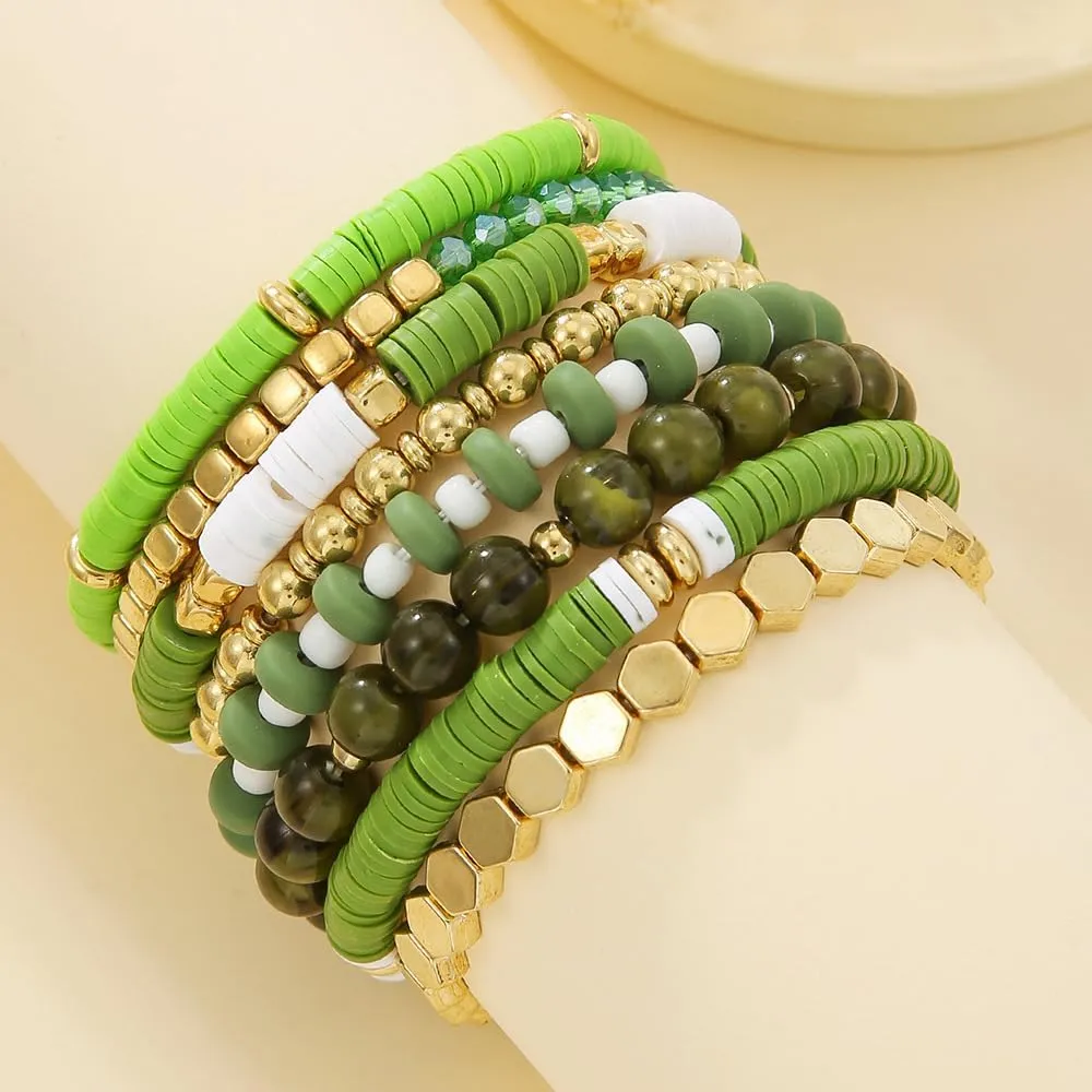 Bohemia Multilayer Heart Clay Stackable Bracelets Set Colorful Surfer Heishi Clay Gold Beaded Stretch Bracelets for Women Men Summer Beach Boho Vacation Jewelry Gifts