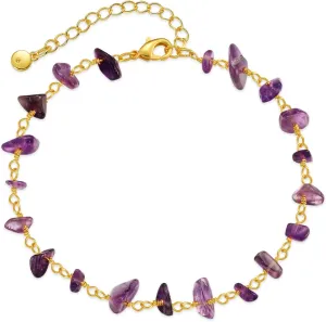 Boho Crystal Anklet for Women Spiritual, Natural Gemstone Ankle Bracelet for Friends, Gold Tone Adjustable Large Ankle Bracelets for Women Plus Size, Amethyst Beaded Chain Anklets for Foot Jewelry