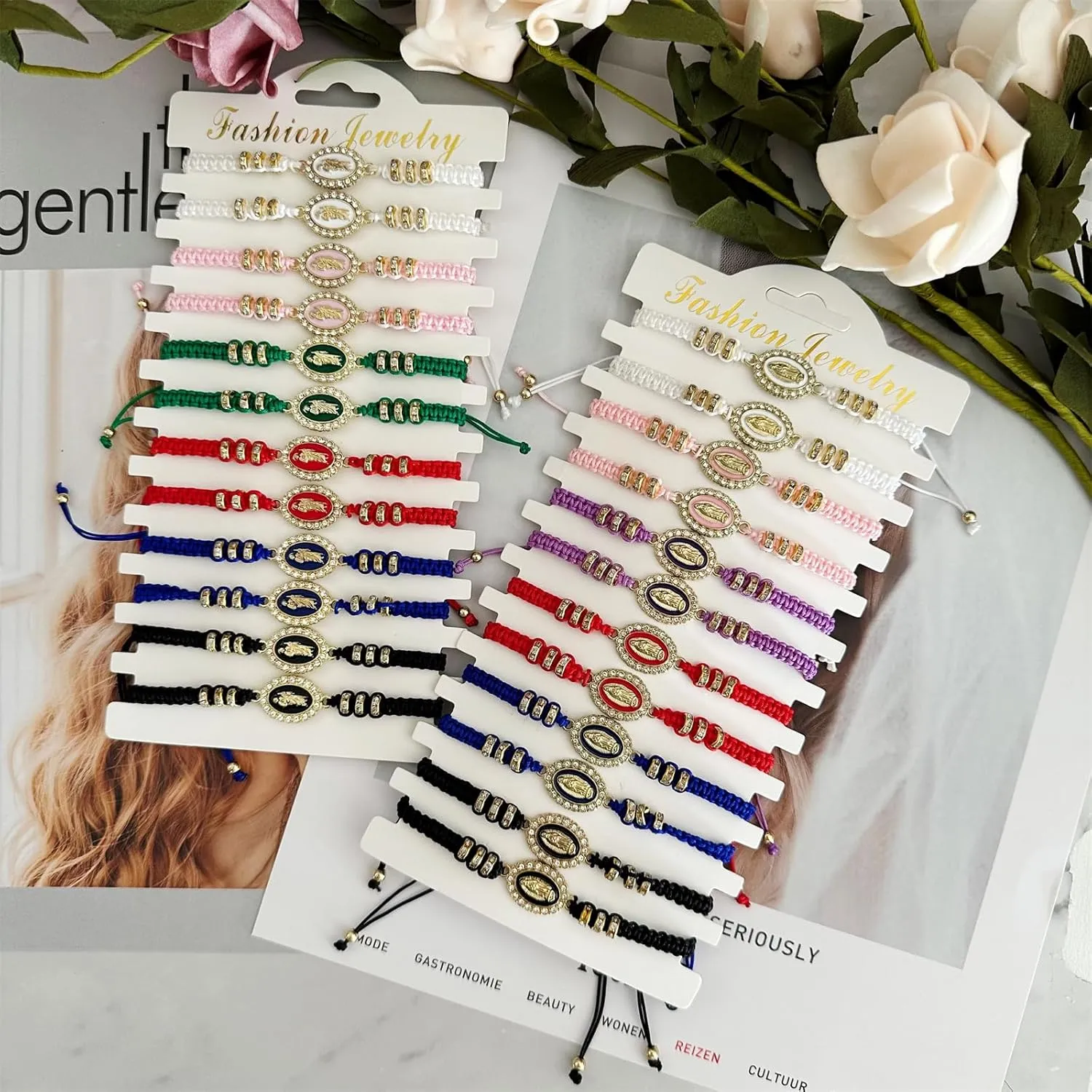 BONITTER 24/12Pcs Mexican Braclets Virgin Mary San Judas Bracelet For Women Red String Evil Eye Green Beads Anklets Jewelry