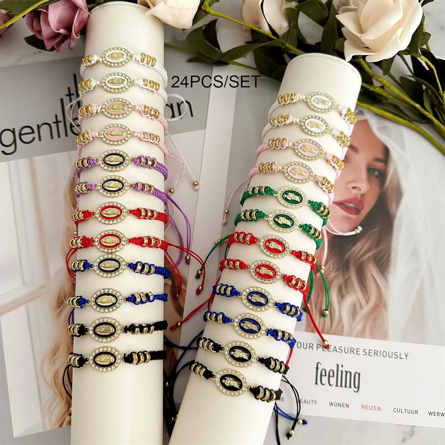 BONITTER 24/12Pcs Mexican Braclets Virgin Mary San Judas Bracelet For Women Red String Evil Eye Green Beads Anklets Jewelry