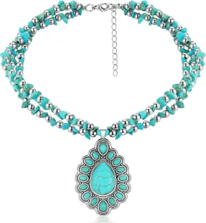 Bonuci Turquoise Collar Necklace Long Necklaces for Women Western Jewelry Silver Boho Jewelry Pendant Choker Collar with Buckle for Women