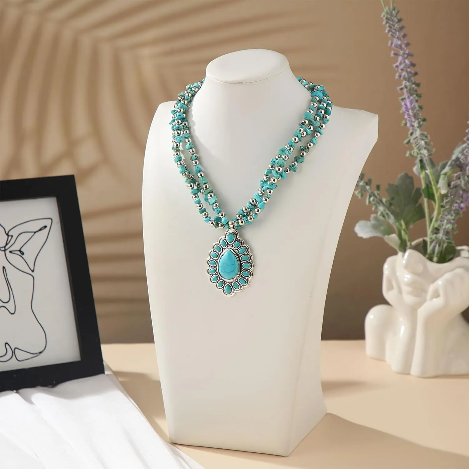Bonuci Turquoise Collar Necklace Long Necklaces for Women Western Jewelry Silver Boho Jewelry Pendant Choker Collar with Buckle for Women