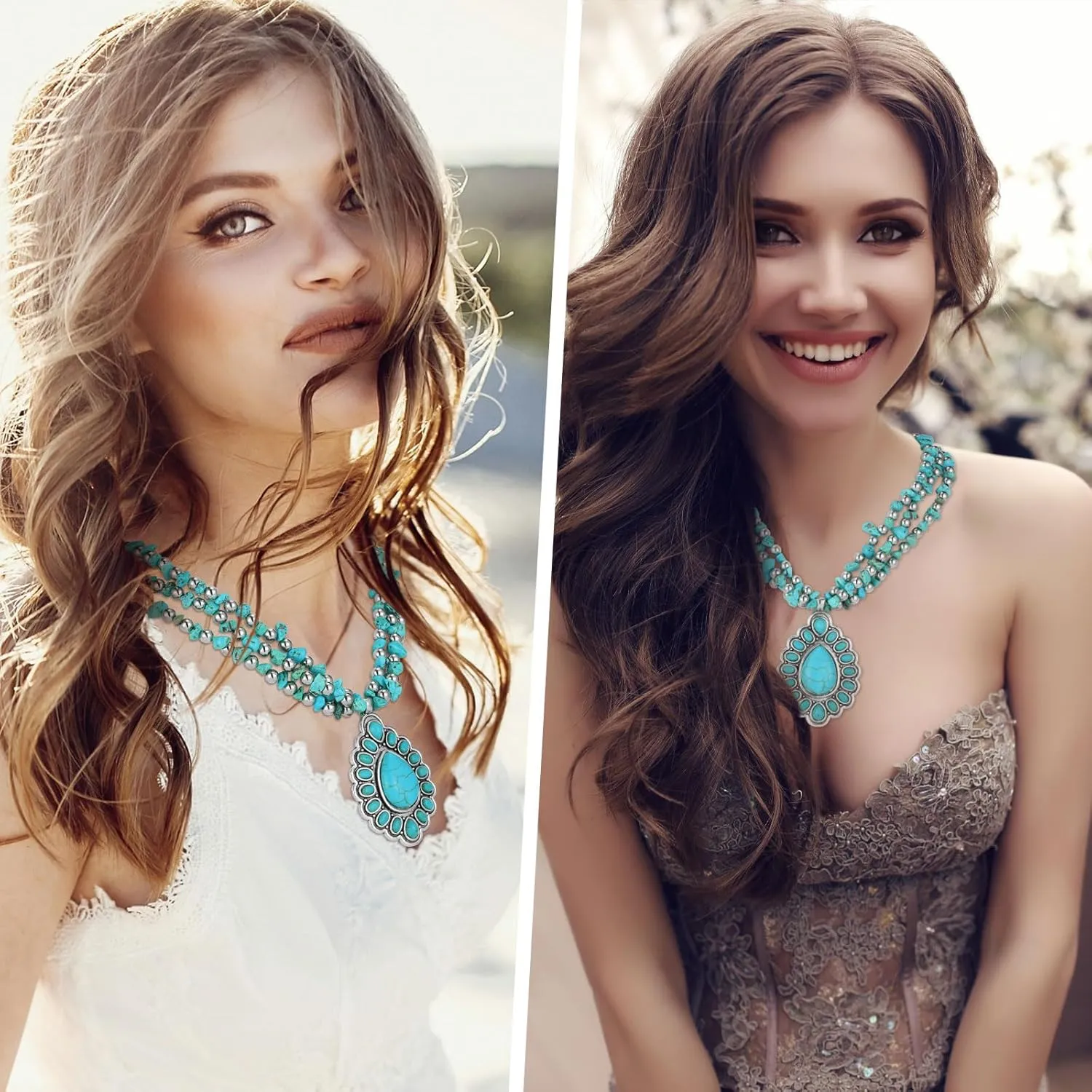 Bonuci Turquoise Collar Necklace Long Necklaces for Women Western Jewelry Silver Boho Jewelry Pendant Choker Collar with Buckle for Women