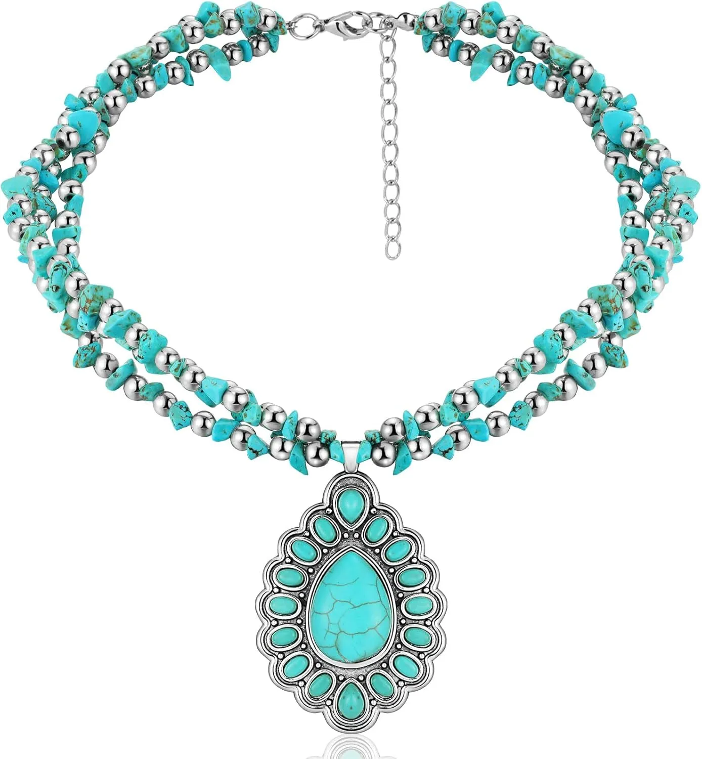 Bonuci Turquoise Collar Necklace Long Necklaces for Women Western Jewelry Silver Boho Jewelry Pendant Choker Collar with Buckle for Women