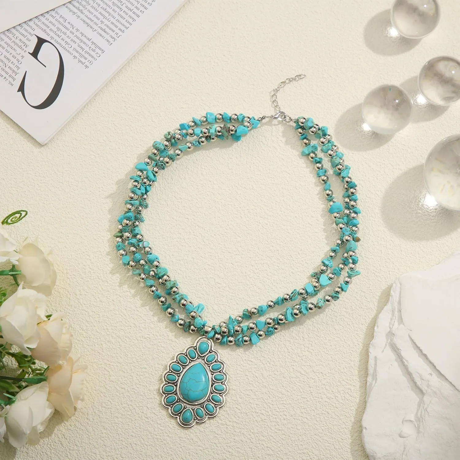 Bonuci Turquoise Collar Necklace Long Necklaces for Women Western Jewelry Silver Boho Jewelry Pendant Choker Collar with Buckle for Women