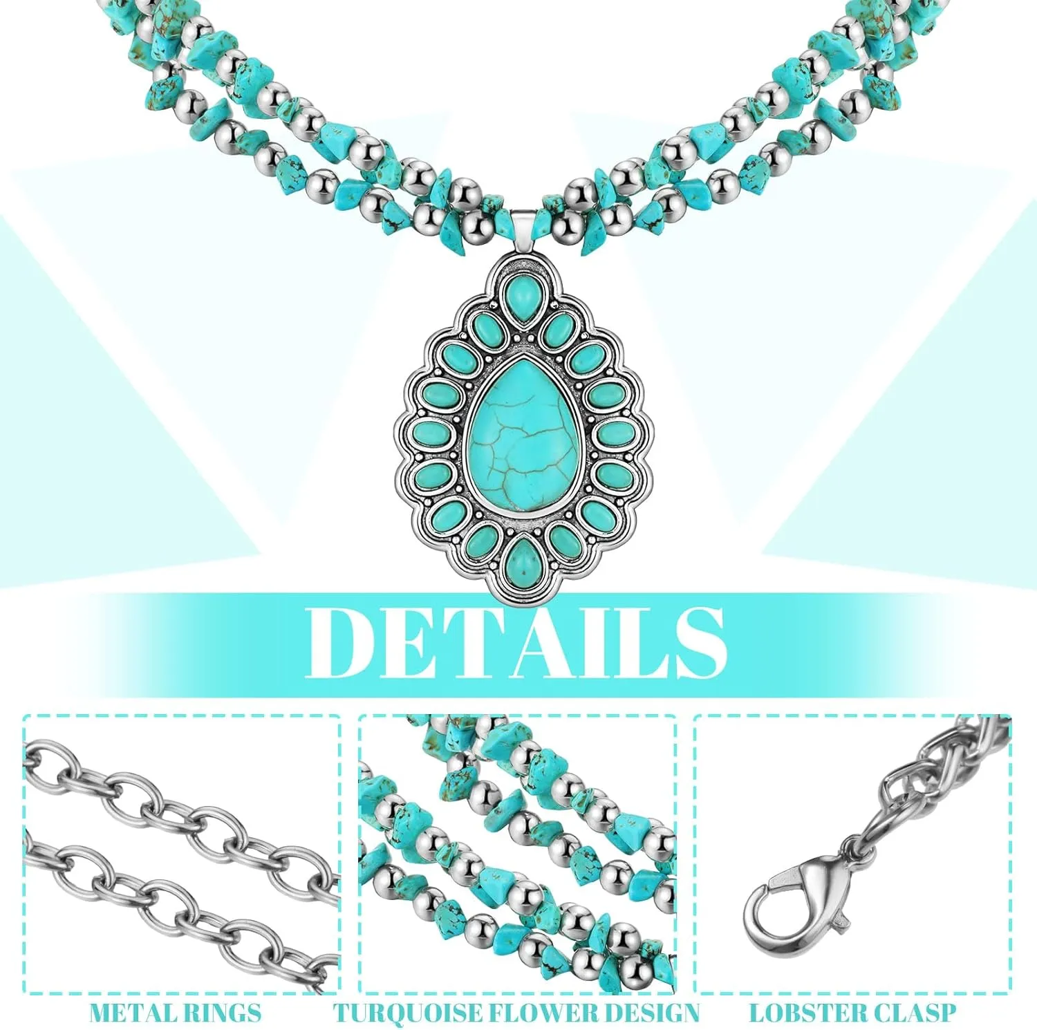 Bonuci Turquoise Collar Necklace Long Necklaces for Women Western Jewelry Silver Boho Jewelry Pendant Choker Collar with Buckle for Women