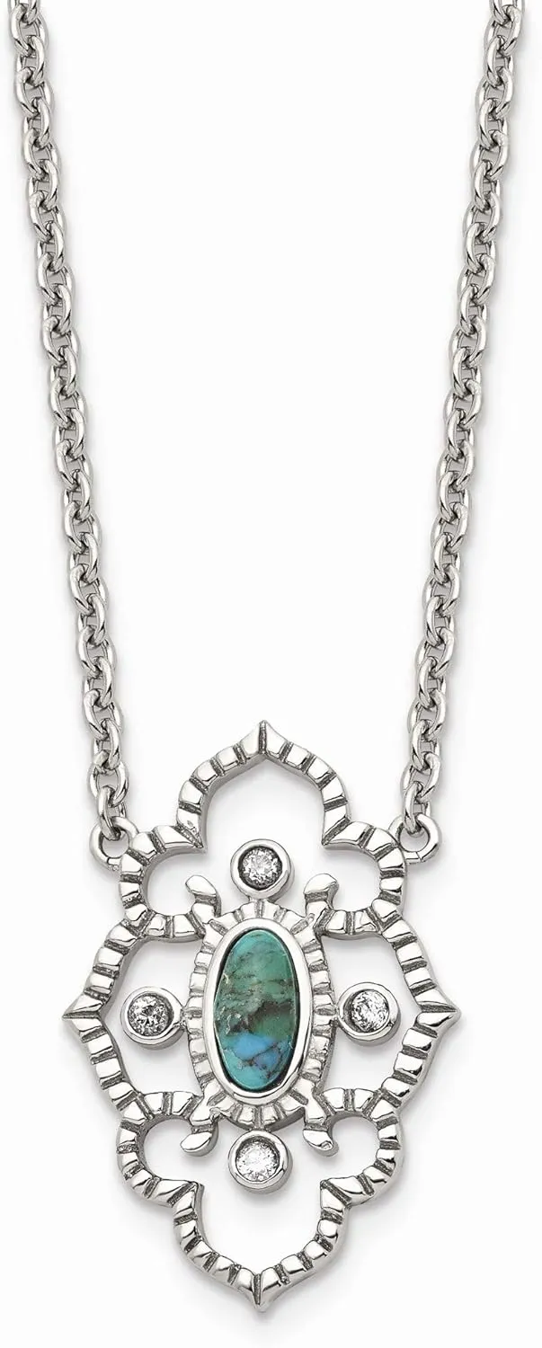 Bonyak Jewelry Stainless Steel Polished CZ & Imitation Turquoise w/ 2in ext Necklace in Stainl