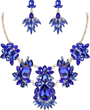 BriLove Women's Jewelry Set Fashion Sparkling Crystal Rhinestone Teardrop Emerald Cut Marquise Cluster Statement Necklace Dangle Earrings for Party Prom