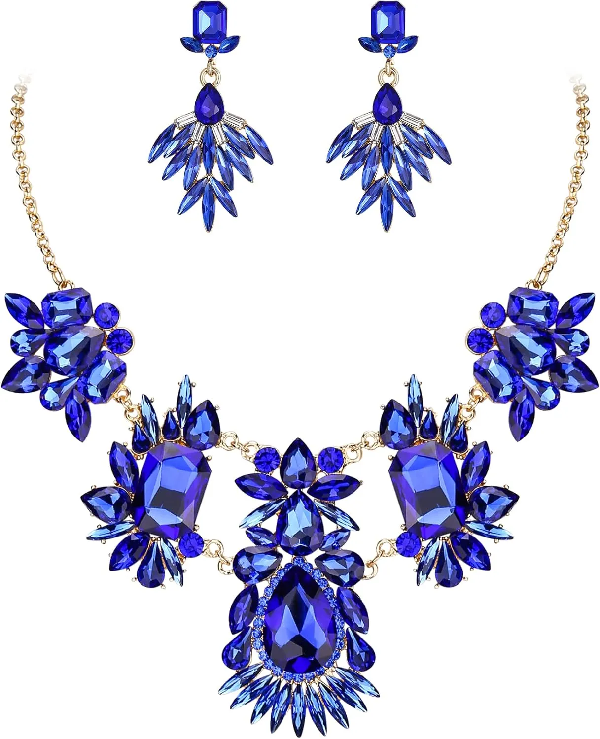BriLove Women's Jewelry Set Fashion Sparkling Crystal Rhinestone Teardrop Emerald Cut Marquise Cluster Statement Necklace Dangle Earrings for Party Prom