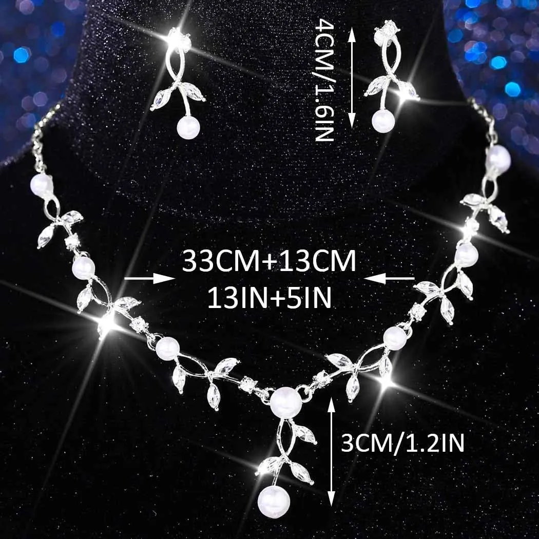 Brishow Wedding Jewelry Sets Gold Leaf Rhinestone Necklace Set Formal Pearl Costume Jewerly for Women and Brides