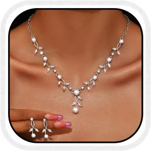 Brishow Wedding Jewelry Sets Gold Leaf Rhinestone Necklace Set Formal Pearl Costume Jewerly for Women and Brides