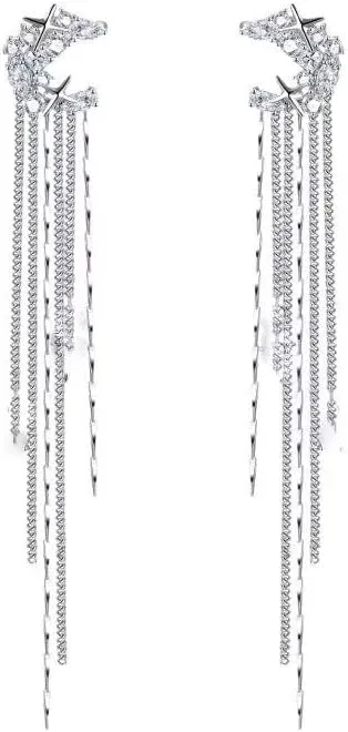 BSLVWG Dainty Moon Tassel Style Zircon Earrings, Sparkling Zircon No Piercing Moon Ear Clip, Silver Wrap Moon Rhinestone Tassel Long Ear Cuff Earrings Jewelry Gifts for Women