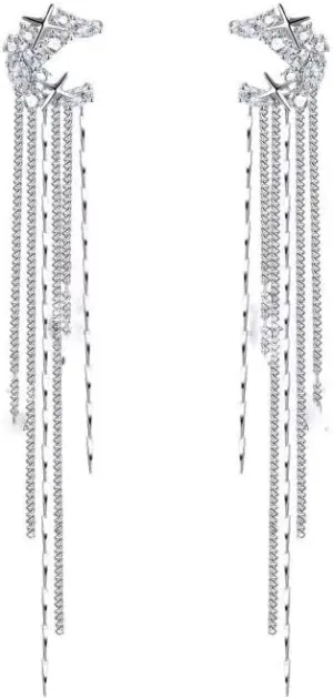 BSLVWG Dainty Moon Tassel Style Zircon Earrings, Sparkling Zircon No Piercing Moon Ear Clip, Silver Wrap Moon Rhinestone Tassel Long Ear Cuff Earrings Jewelry Gifts for Women