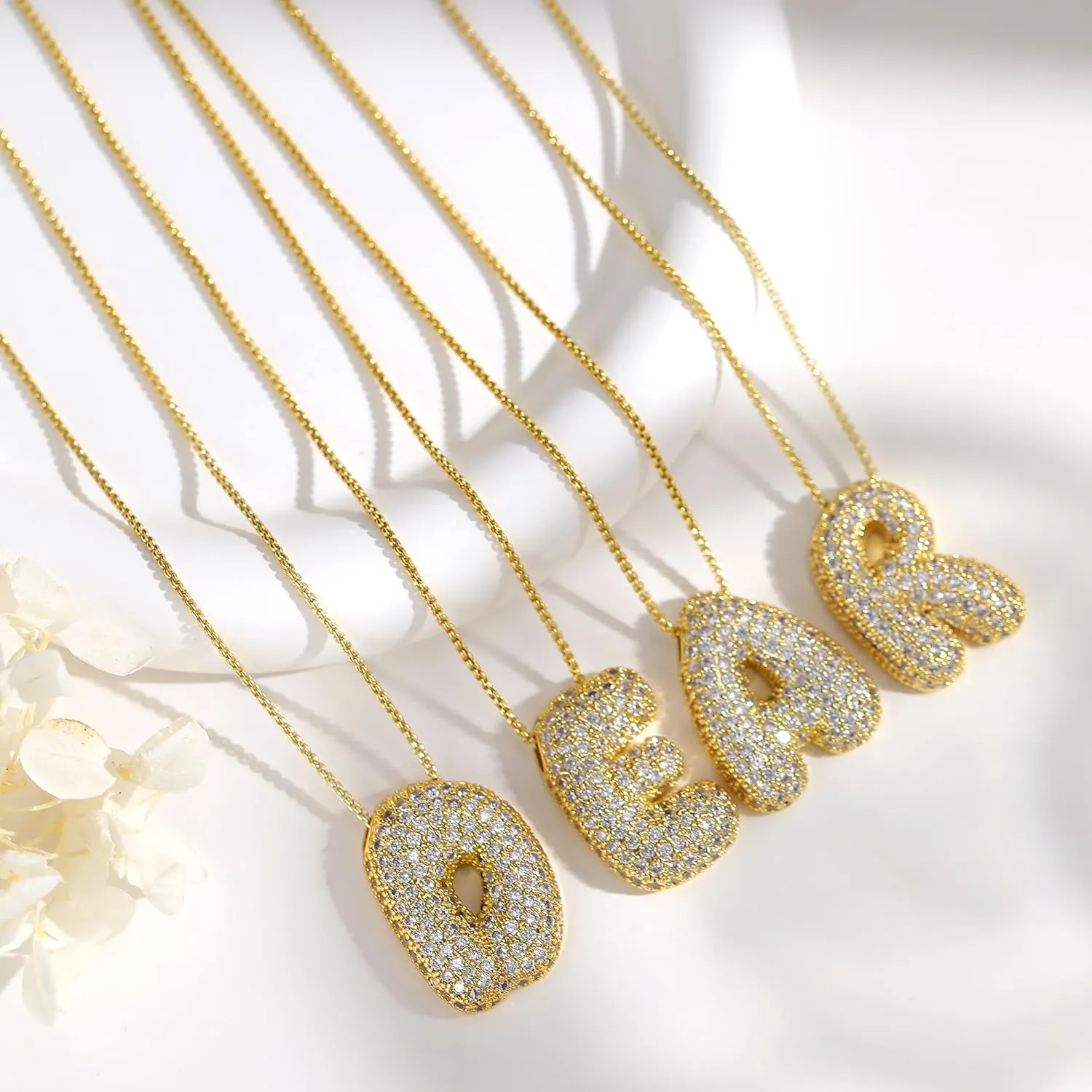 Bubble Letter Necklace Gold for WomenLayered Plated Initial Pendant Puffy Zircon Name Personalized Necklaces Fashion Jewelry for Gifts