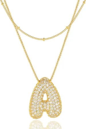 Bubble Letter Necklace Gold for WomenLayered Plated Initial Pendant Puffy Zircon Name Personalized Necklaces Fashion Jewelry for Gifts