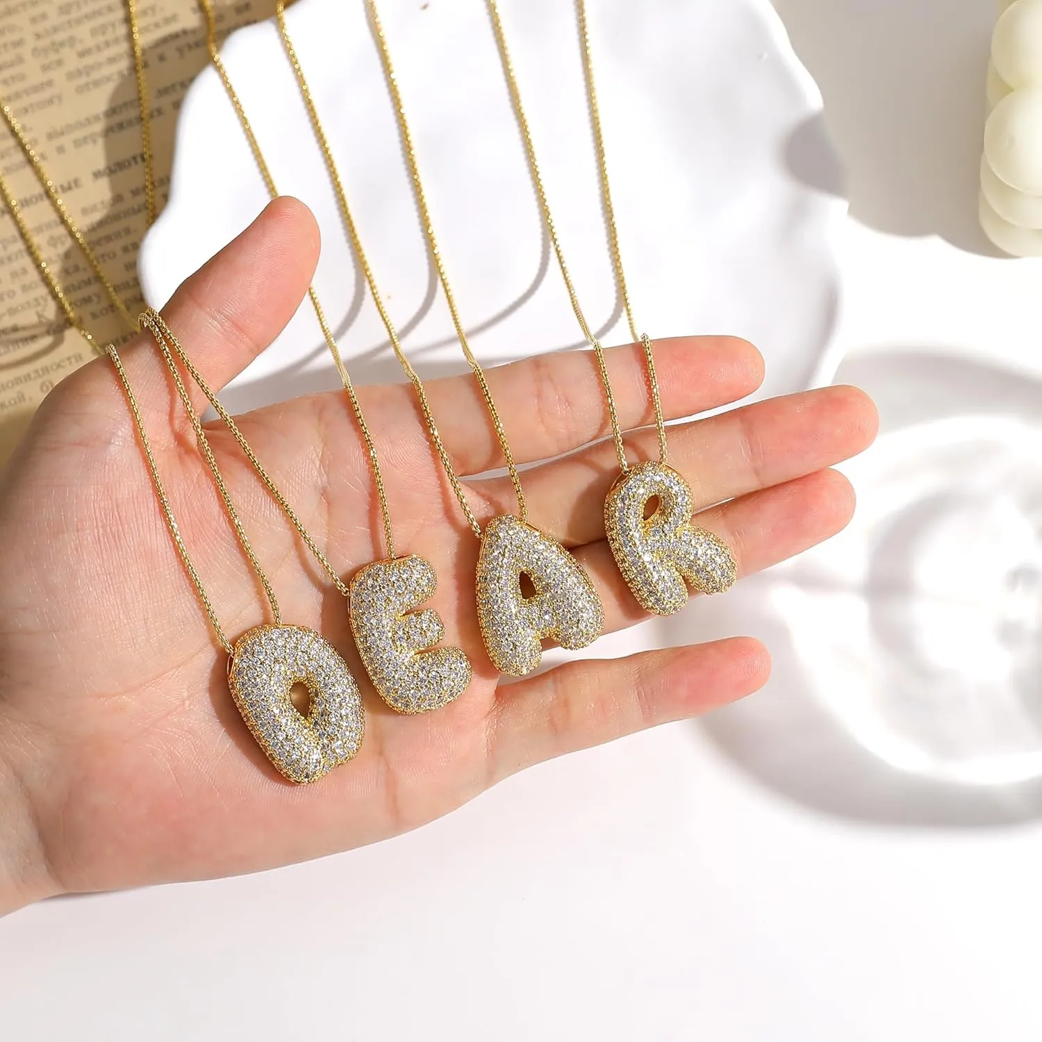 Bubble Letter Necklace Gold for WomenLayered Plated Initial Pendant Puffy Zircon Name Personalized Necklaces Fashion Jewelry for Gifts