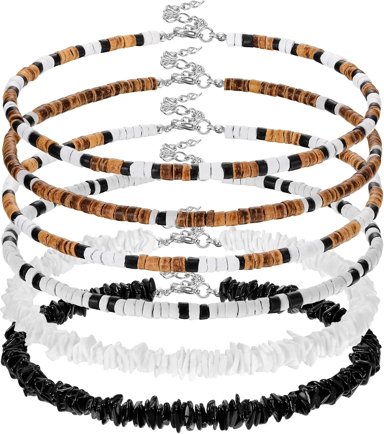Bucherry 6 Pcs Puka Shell Necklace Summer Beach Surfer Necklace Hawaiian Seashell Bead Choker for Men Women Jewelry with Extended Chain