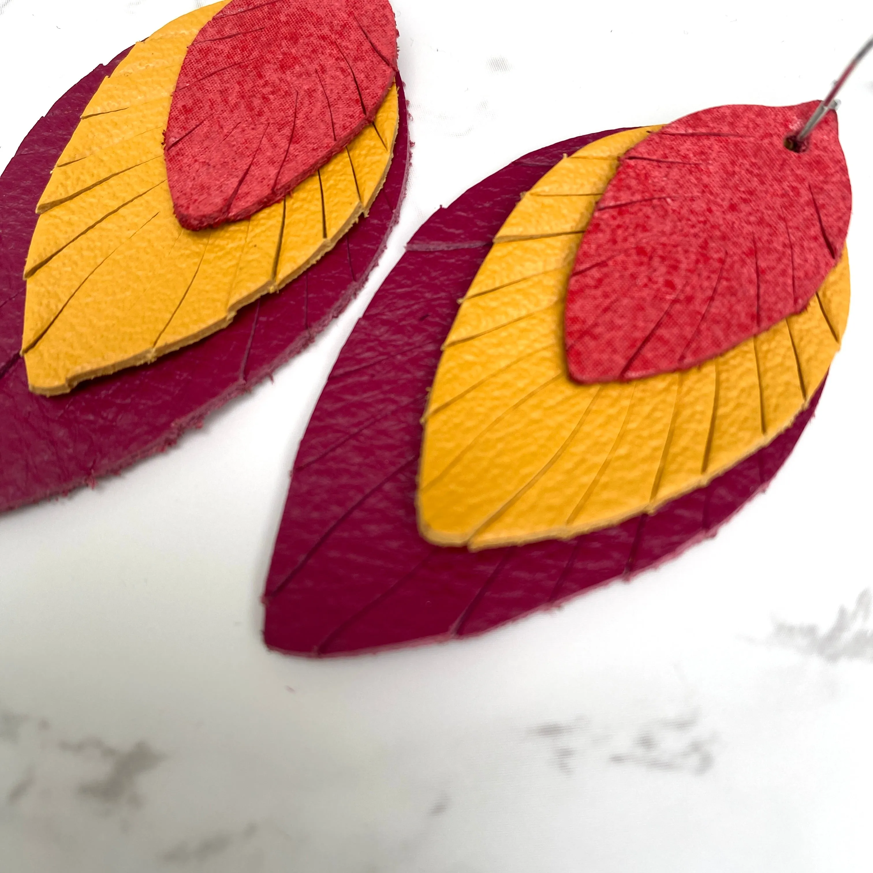 Burgundy Mustard Red Small Fat Feather Earrings