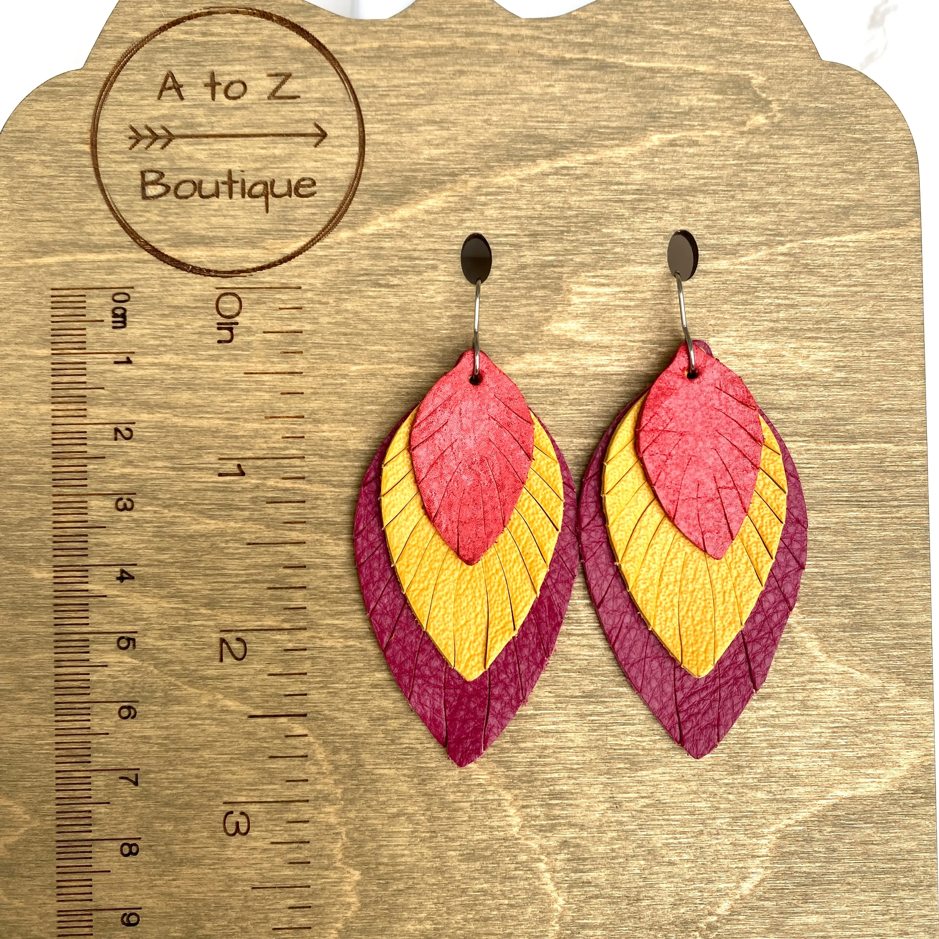Burgundy Mustard Red Small Fat Feather Earrings