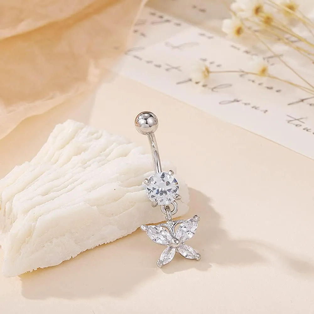 Butterfly Belly Button Rings For Women Dangle Crystal Silver Stainless Steel Sexy Cute Dainty Simple Animals Butterfly Belly Button Rings Jewelry For Sisters Mother