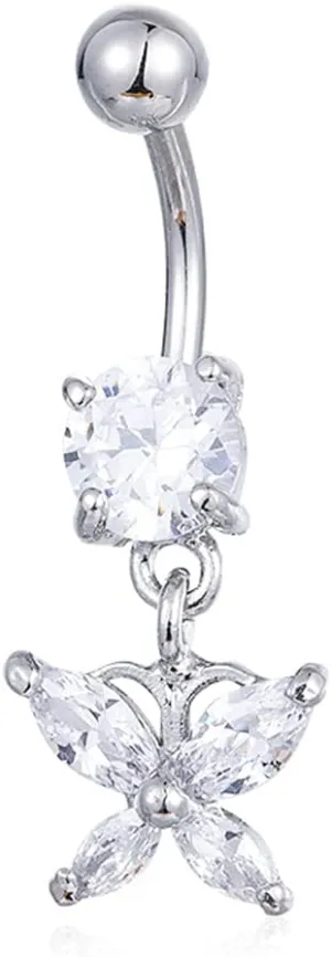 Butterfly Belly Button Rings For Women Dangle Crystal Silver Stainless Steel Sexy Cute Dainty Simple Animals Butterfly Belly Button Rings Jewelry For Sisters Mother
