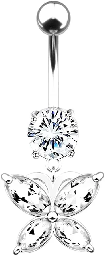 Butterfly Belly Button Rings For Women Dangle Crystal Silver Stainless Steel Sexy Cute Dainty Simple Animals Butterfly Belly Button Rings Jewelry For Sisters Mother