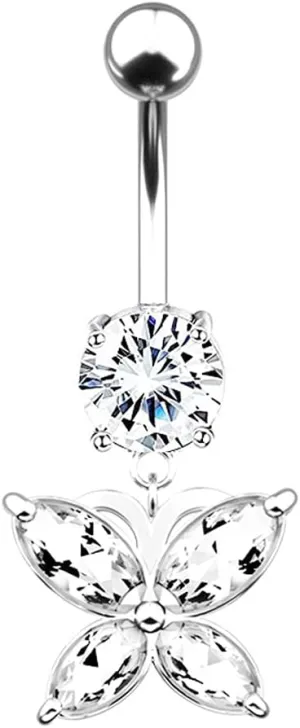 Butterfly Belly Button Rings For Women Dangle Crystal Silver Stainless Steel Sexy Cute Dainty Simple Animals Butterfly Belly Button Rings Jewelry For Sisters Mother