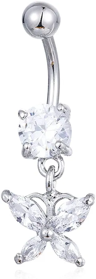 Butterfly Belly Button Rings For Women Dangle Crystal Silver Stainless Steel Sexy Cute Dainty Simple Animals Butterfly Belly Button Rings Jewelry For Sisters Mother