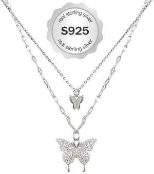 Butterfly Necklace for Women 925 Sterling Silver Layered Butterfly Pendant Necklace with Cubic Zirconia, Dainty Choker Necklaces Jewelry Gifts for Women & Teen Mom