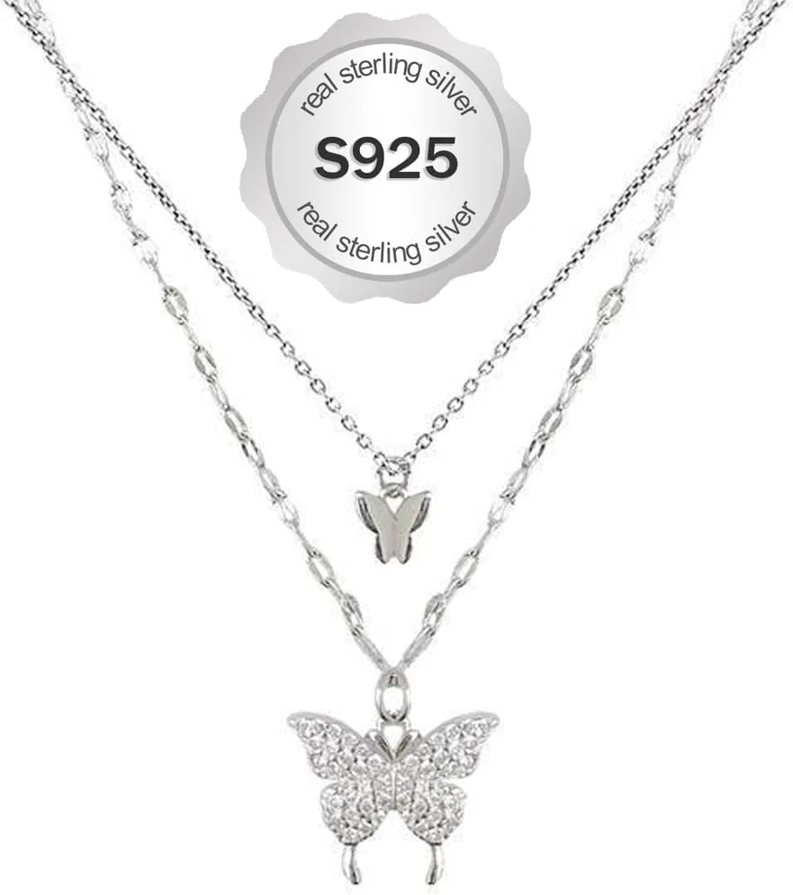 Butterfly Necklace for Women 925 Sterling Silver Layered Butterfly Pendant Necklace with Cubic Zirconia, Dainty Choker Necklaces Jewelry Gifts for Women & Teen Mom