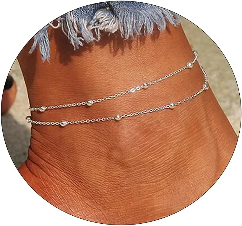 CAROVO Minimalist Layered Satellite Ankle Bracelet 14K Gold Plated Cute Layering Beads Sphere Boho Ankle Bracelet Delicate Summer Beach Beaded Anklets for Women