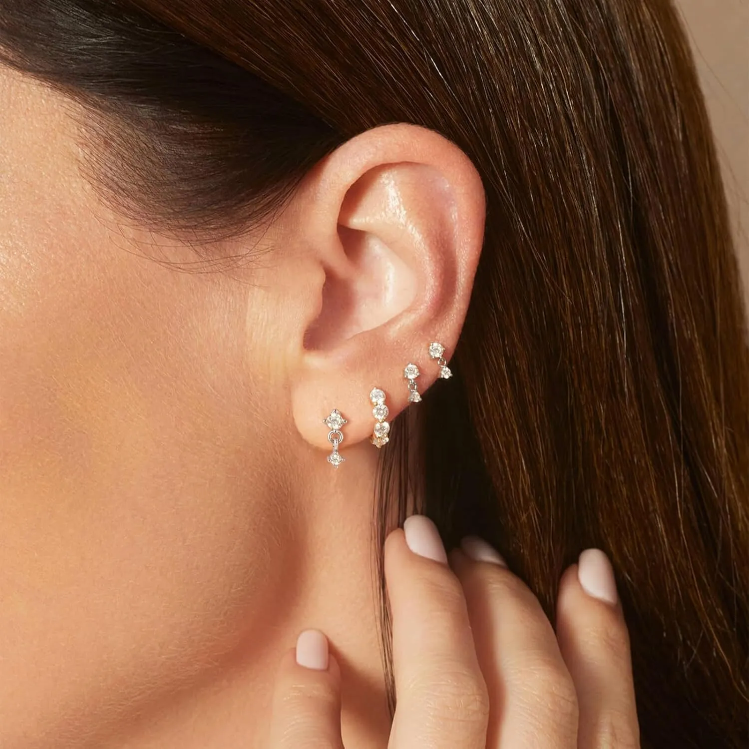 Cartilage Earrings for Women, Push-in Threadless Falt Back Earrings 14KGold Plated Stud Earrings Dainty Small CZ Pearl Opal Hypoallergenic Surgical Steel Earrings for Helix Piercing