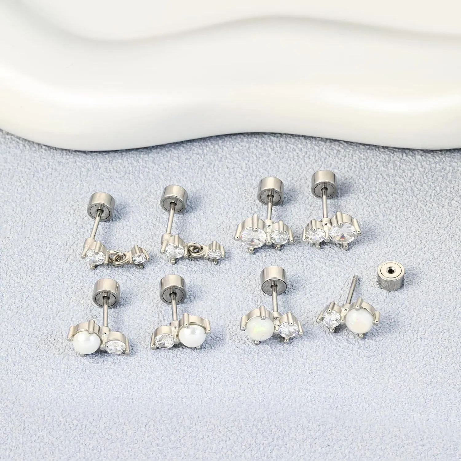 Cartilage Earrings for Women, Push-in Threadless Falt Back Earrings 14KGold Plated Stud Earrings Dainty Small CZ Pearl Opal Hypoallergenic Surgical Steel Earrings for Helix Piercing