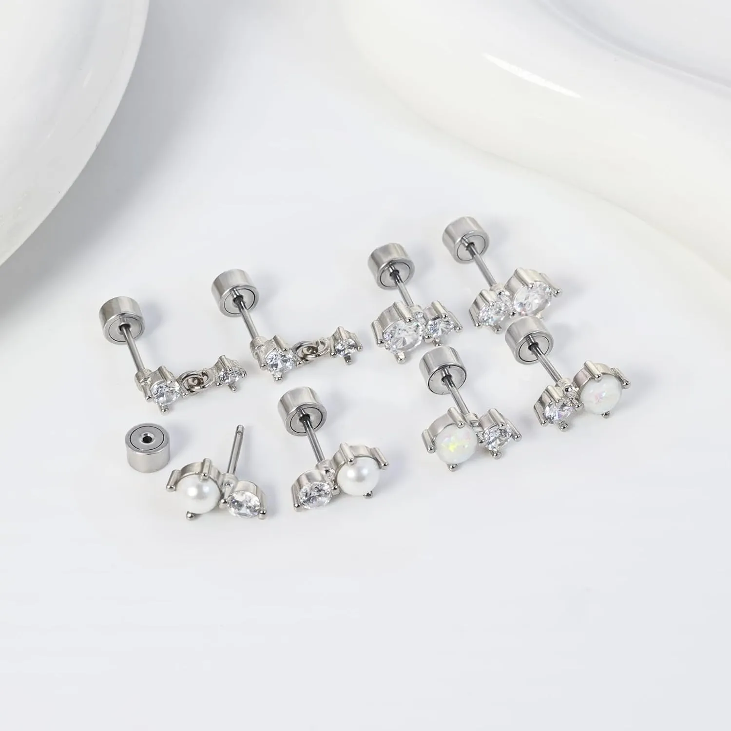 Cartilage Earrings for Women, Push-in Threadless Falt Back Earrings 14KGold Plated Stud Earrings Dainty Small CZ Pearl Opal Hypoallergenic Surgical Steel Earrings for Helix Piercing