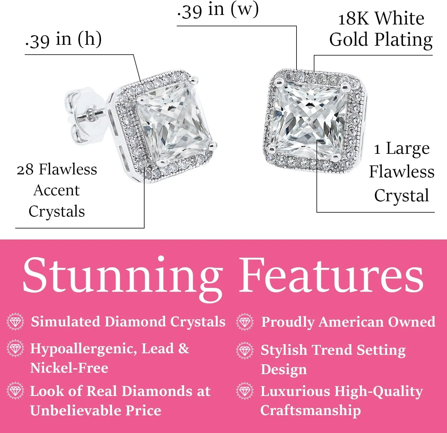 Cate & Chloe Londyn 18k Gold Plated Princess Cut CZ Halo Stud Earrings, Sparkling Cluster Stud Earring Set with Solitaire Princess Gemstone, Wedding Anniversary Jewelry