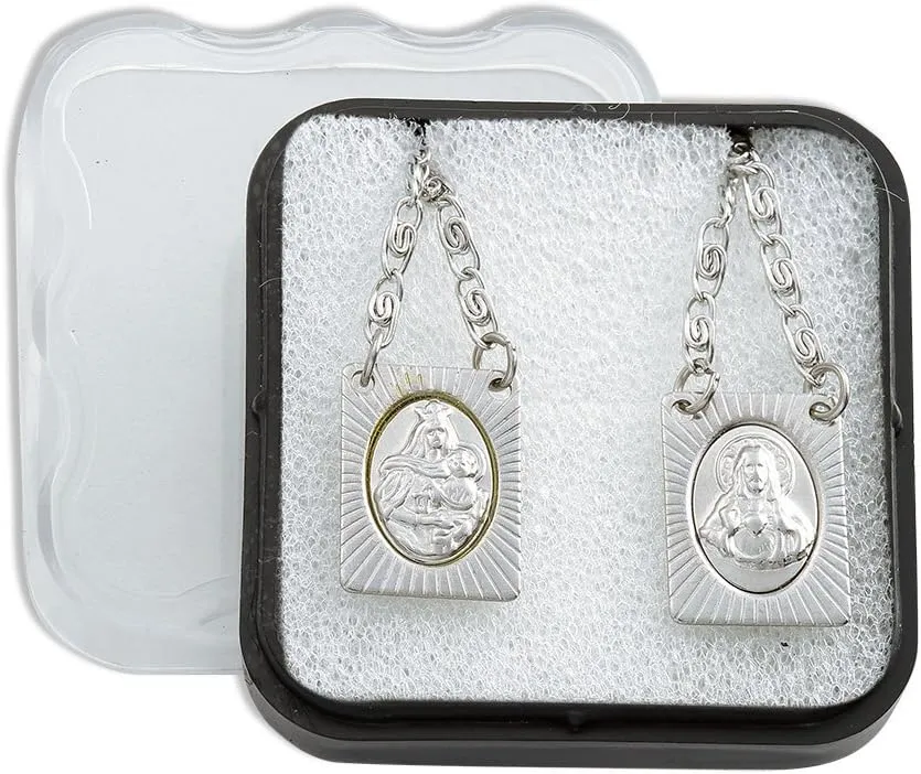 Catholica Shop Stainless Steel Chain and Medal Scapulars with Sacred Heart of Jesus & Our Lady of Mount Carmel Icons Catholic Devotional Religious Necklace for Women & Men - 14 Inch - Escapularios Catolicos