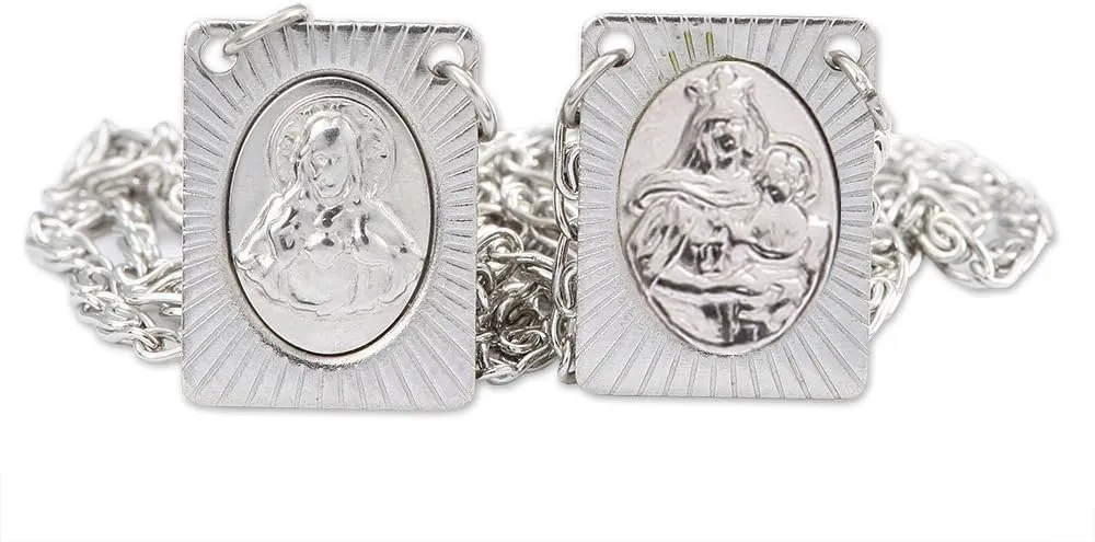 Catholica Shop Stainless Steel Chain and Medal Scapulars with Sacred Heart of Jesus & Our Lady of Mount Carmel Icons Catholic Devotional Religious Necklace for Women & Men - 14 Inch - Escapularios Catolicos