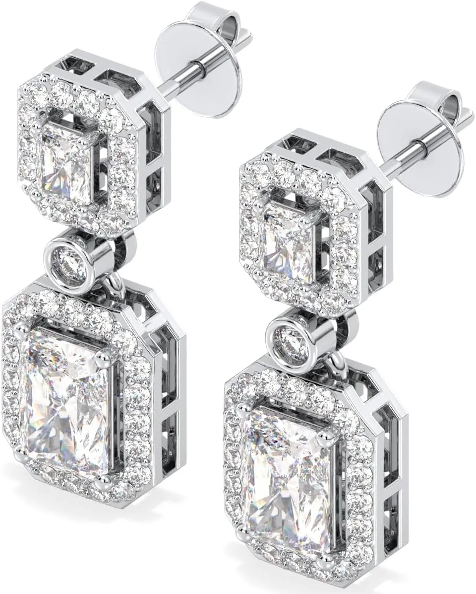 Certified 2-4.65 Carat Moissanite Dangle Earrings for Women, D Color, 925 Sterling Silver with 18K Gold Rhodium Plating Solitaire Sparkling Earring for Wedding, Anniversary, Mothers Day Gift