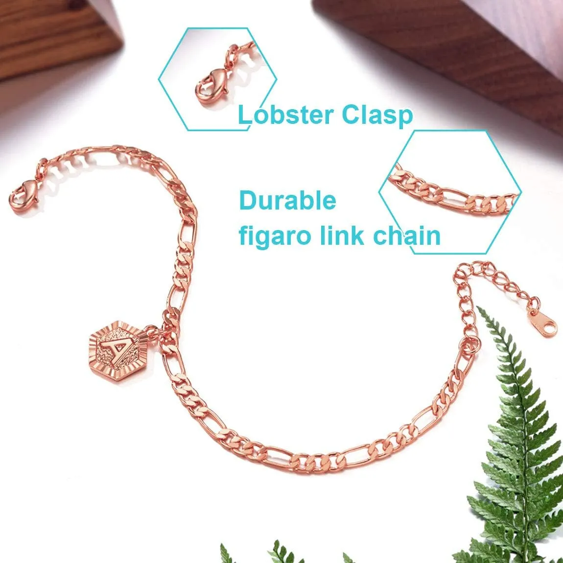 ChainsPro Women A-Z Initial Ankle Bracelet, with Figaro Foot Chain, Friendship Anklets, 18K Gold Plated/Silver Color/Rose Gold-Adjustable (Send Gift Box)