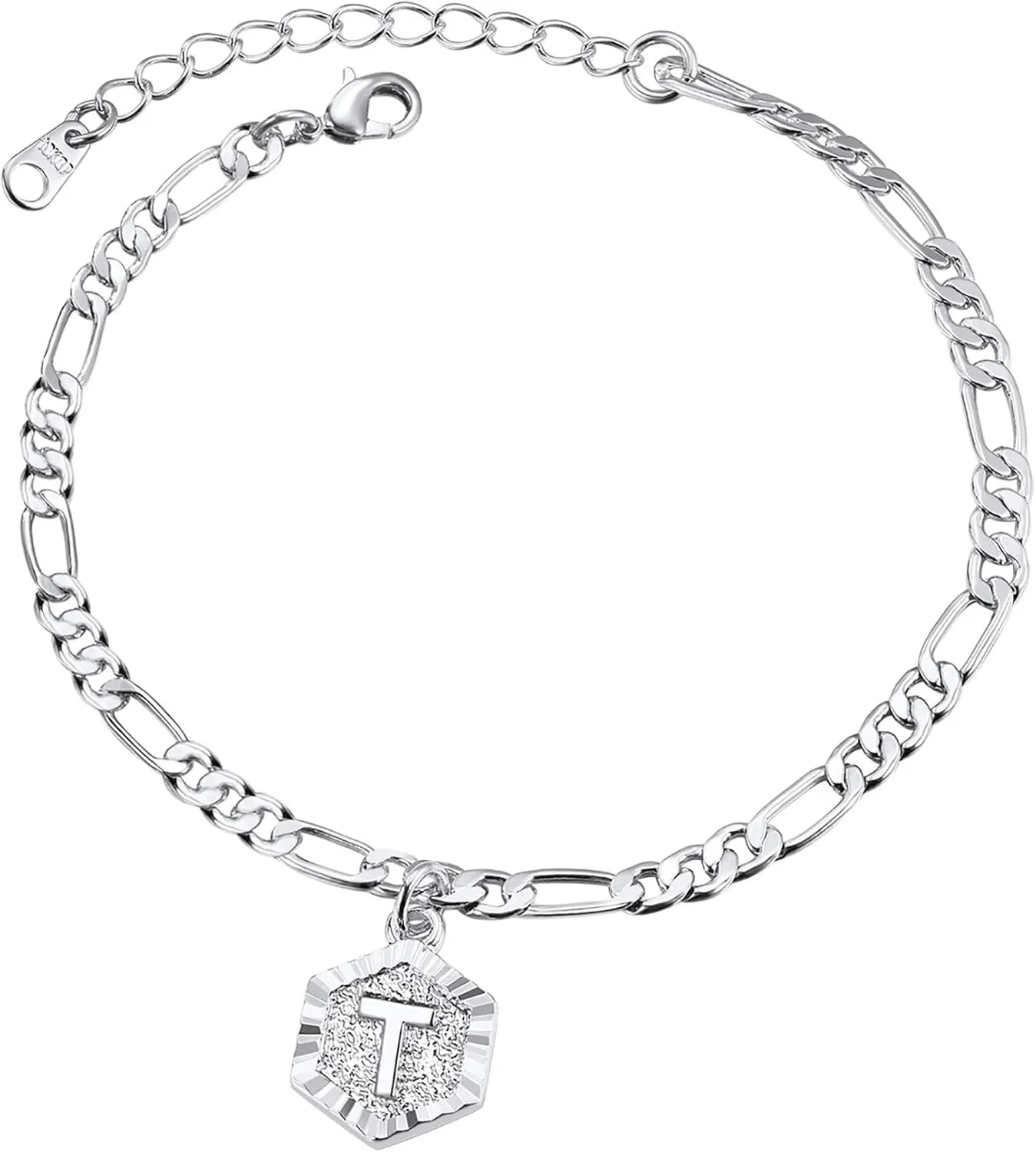 ChainsPro Women A-Z Initial Ankle Bracelet, with Figaro Foot Chain, Friendship Anklets, 18K Gold Plated/Silver Color/Rose Gold-Adjustable (Send Gift Box)