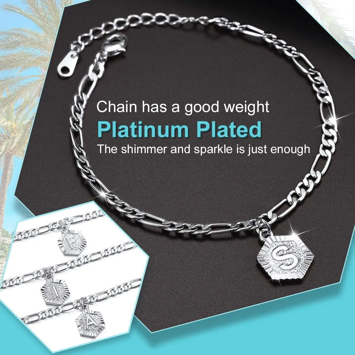 ChainsPro Women A-Z Initial Ankle Bracelet, with Figaro Foot Chain, Friendship Anklets, 18K Gold Plated/Silver Color/Rose Gold-Adjustable (Send Gift Box)