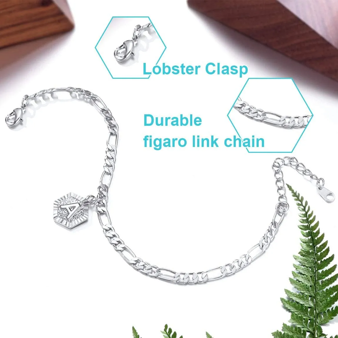 ChainsPro Women A-Z Initial Ankle Bracelet, with Figaro Foot Chain, Friendship Anklets, 18K Gold Plated/Silver Color/Rose Gold-Adjustable (Send Gift Box)