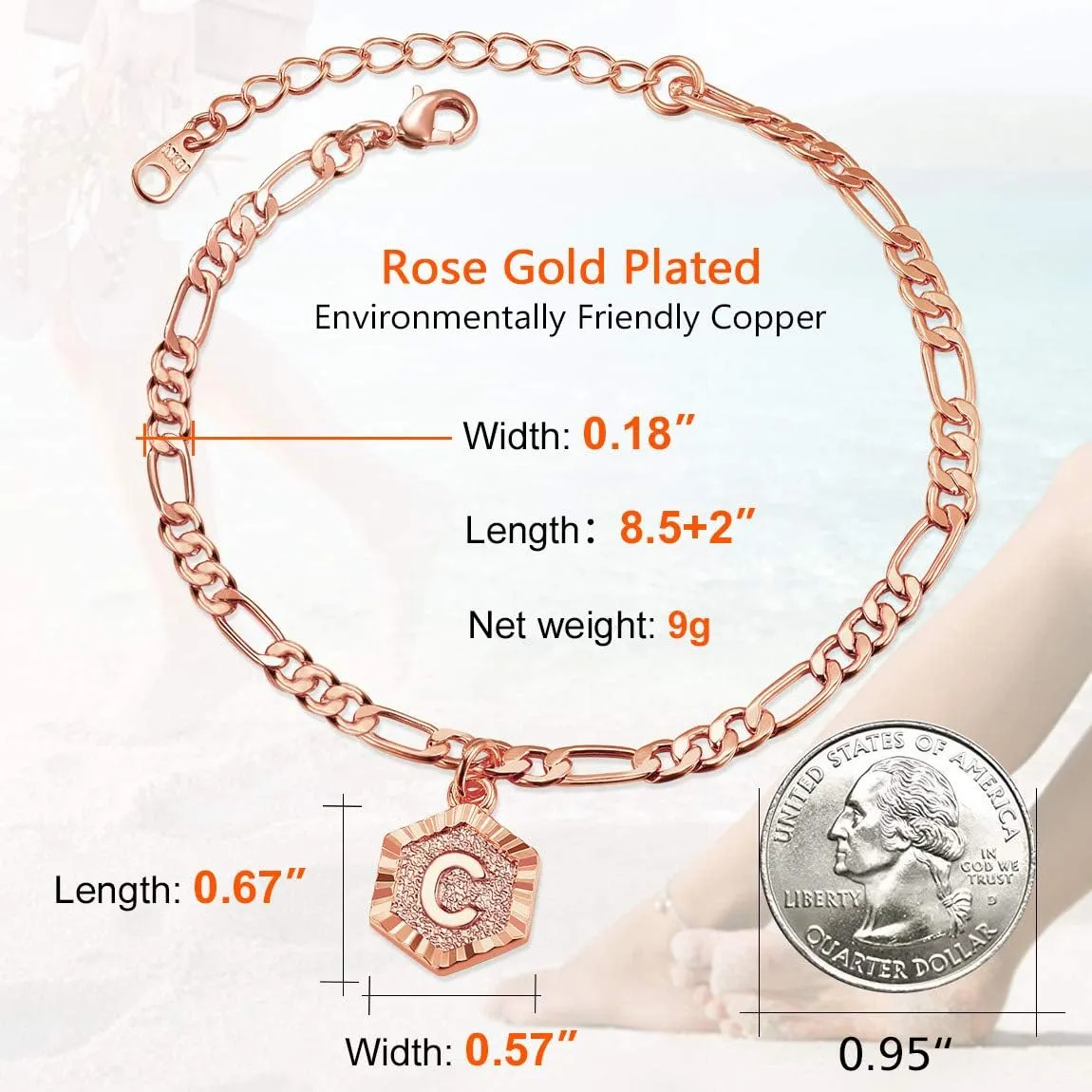 ChainsPro Women A-Z Initial Ankle Bracelet, with Figaro Foot Chain, Friendship Anklets, 18K Gold Plated/Silver Color/Rose Gold-Adjustable (Send Gift Box)