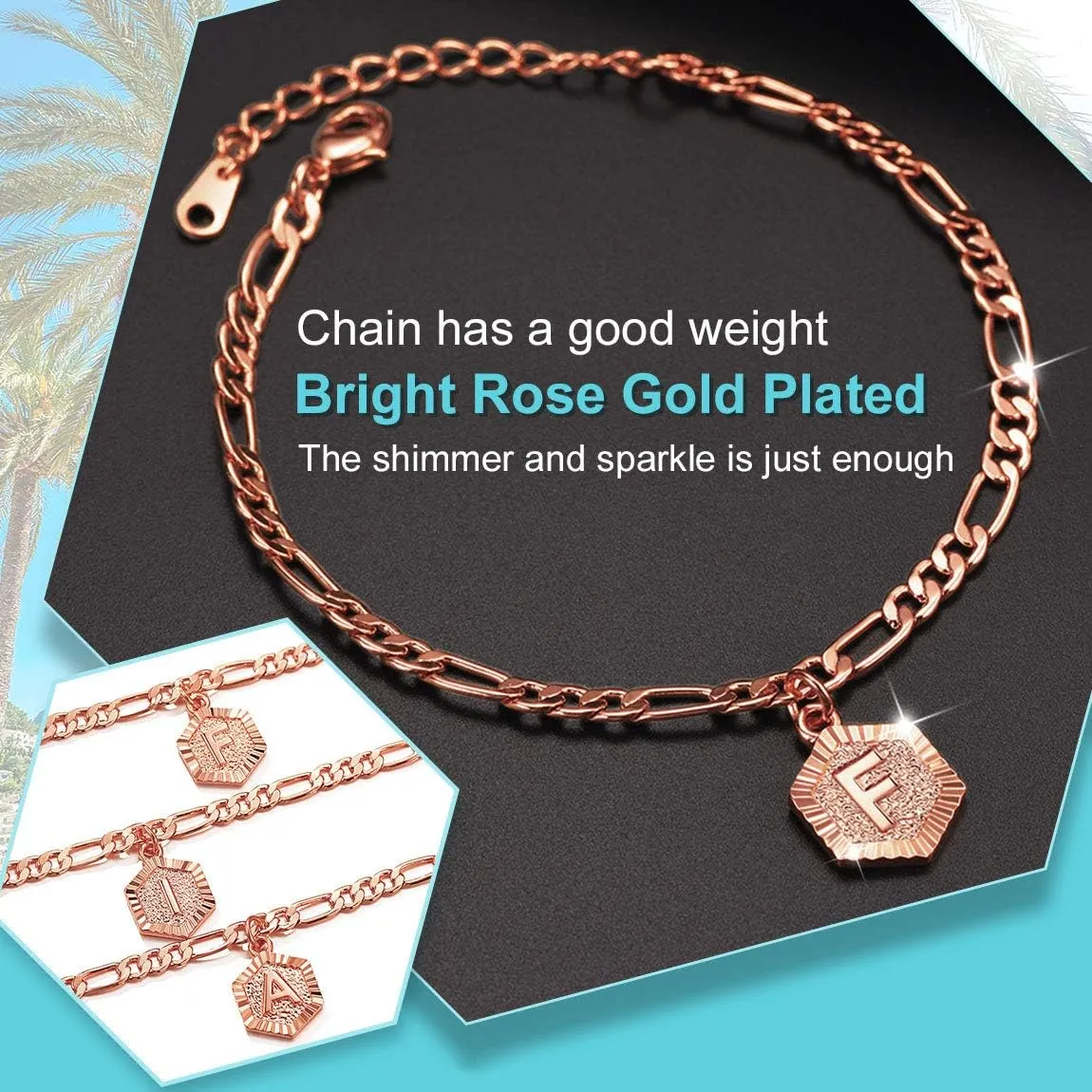 ChainsPro Women A-Z Initial Ankle Bracelet, with Figaro Foot Chain, Friendship Anklets, 18K Gold Plated/Silver Color/Rose Gold-Adjustable (Send Gift Box)
