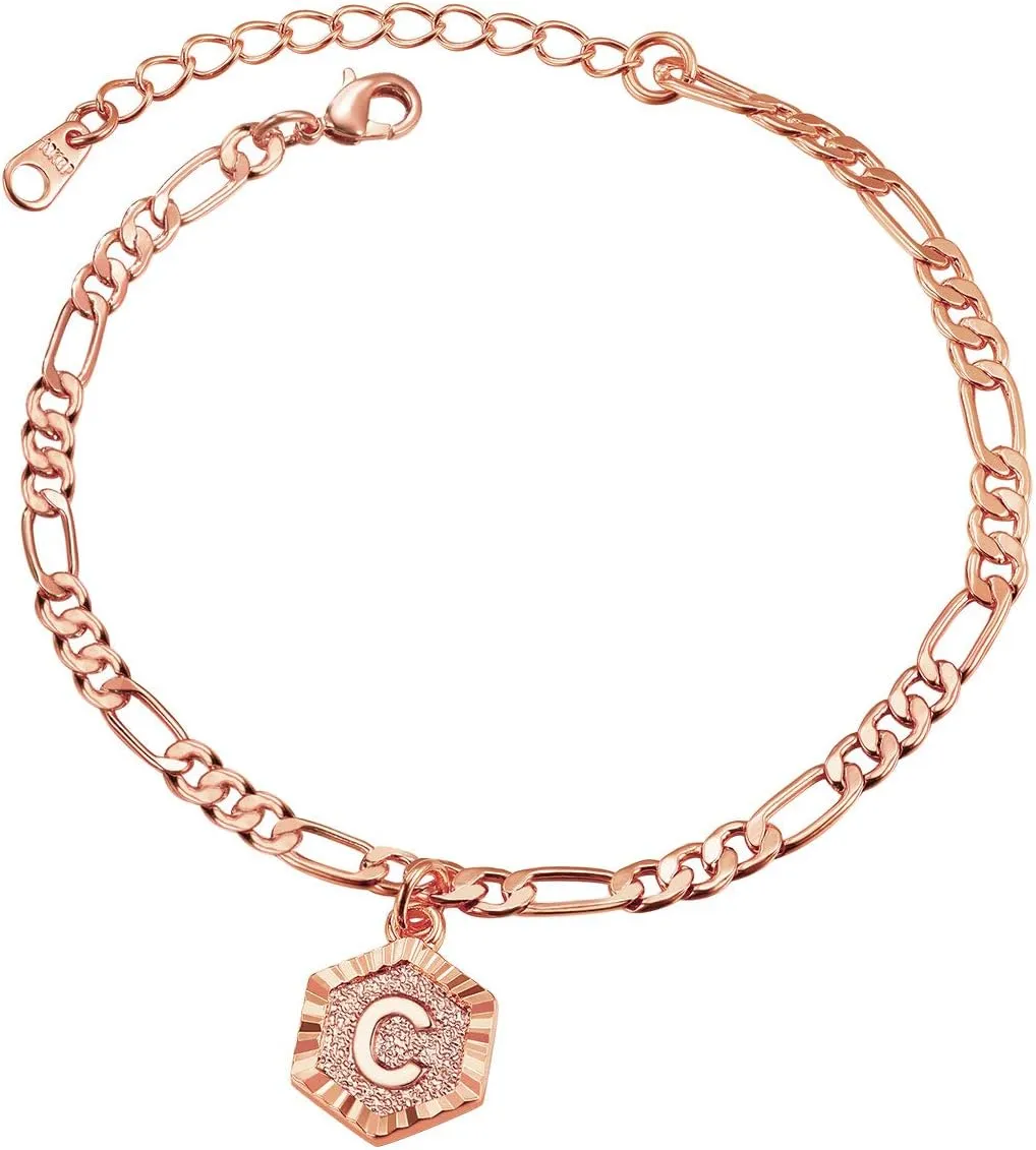ChainsPro Women A-Z Initial Ankle Bracelet, with Figaro Foot Chain, Friendship Anklets, 18K Gold Plated/Silver Color/Rose Gold-Adjustable (Send Gift Box)